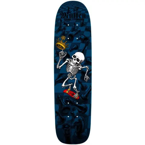 Powell Peralta Bones Brigade Mullen Series 15 Blue skateboard deck: A skeleton rides a red skateboard and spins a gold crown on one finger, over a blue chessboard scattered with dark chess pieces. The name is in black gothic lettering at the top.