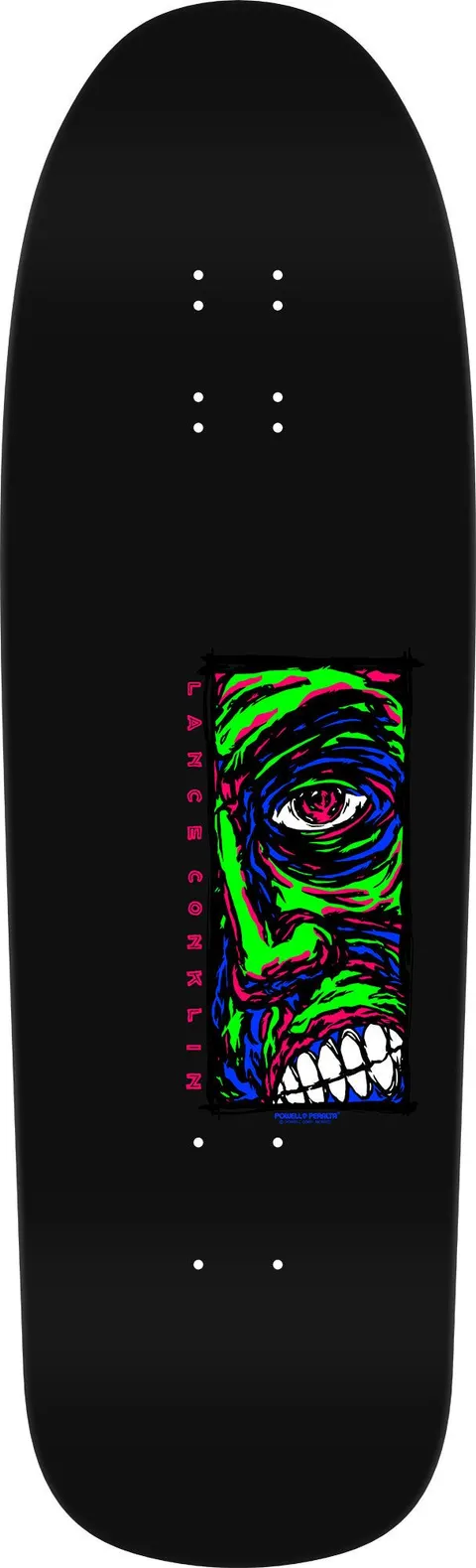 Powell Peralta Lance Conklin Face Blacklight skateboard deck: Half of a distorted face with a staring eye and bared teeth, painted in neon green, blue and pink, sits in a rectangle on a black deck. The rider's name runs vertically beside it.