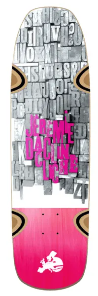 Cliché Jeremie Daclin Gutenberg skateboard deck: Old-school shaped deck with a top half made of grey metal printing type blocks, with 'Jeremie Daclin Cliche' spelled in jumbled magenta letters over them, and a pink faded lower half with a white Europe-map logo.