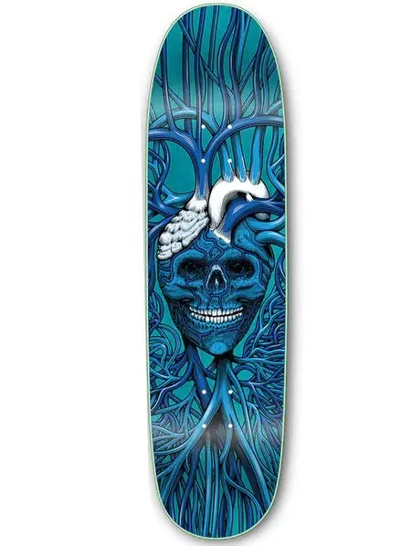 Strangelove Code Blue skateboard deck: Detailed illustration of a grinning blue skull set into an anatomical heart, with veins and arteries branching out around it. Everything is drawn in shades of blue and teal with a white highlight on the heart.