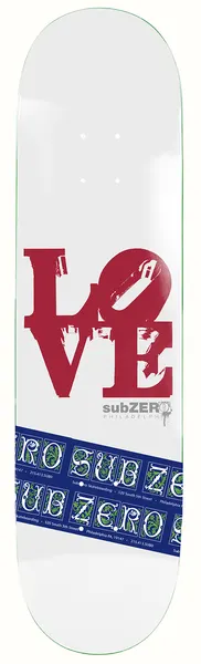 Sub Zero Love Park skateboard deck: Large red 'LOVE' sculpture lettering in stacked blocks with a tilted O, distressed texture, on a white deck, with a diagonal blue band of repeated brand text and address across the lower part.
