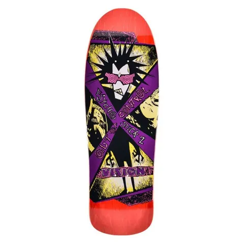 Vision Street Wear psycho stick ii skateboard deck: A spiky-haired punk figure in pink spiral glasses stands behind a large purple X made of banners, set over yellow and black halftone panels. The banners read 'Psycho Control' and 'Gist of Stick 2', with a Vision logo at the bottom.