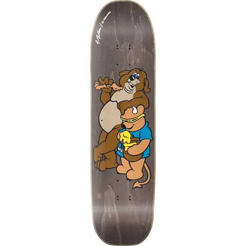 World Industries WI Mullen Bear Brown skateboard deck: Cartoon illustration on a grey-brown stained deck: a fat brown dog lounging behind a bull-horned, bear-like character in a blue T-shirt holding a dripping honey pot. Small signature text near the nose.