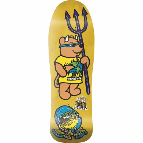 World Industries Steve Rocco III skateboard deck: A cartoon devil bear in sunglasses and a yellow World Industries shirt holds a purple trident and a globe. Below, a cracked blue globe sits among banana peels, with a small flaming logo, on a yellow stained deck.