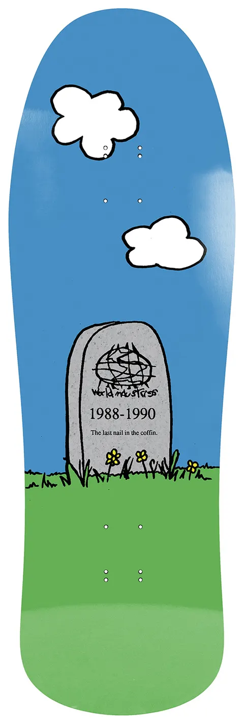 World Industries Skateboarding is Dead Skateboarding skateboard deck: Old-school shape showing a cartoon gravestone with a scribbled World Industries globe logo, dated 1988-1990 and inscribed with a line about the last nail in the coffin. It stands on green grass under a blue sky with two white clouds and small yellow flowers.