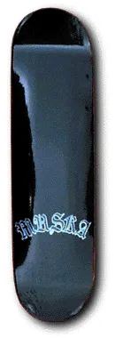 Unknown Chad Muska skateboard deck: Dark glossy black deck with a faint grey-blue panel running down the centre. A small gothic blackletter logo reading Muska is printed in pale blue near the lower middle.