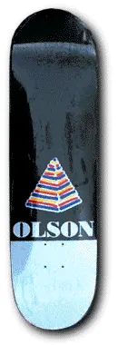 Unknown Shorty's Olson skateboard deck: Black deck with a small striped pyramid in red, yellow and blue above the rider name in large grey capitals, with the bottom of the board in pale blue-grey.