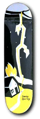 Unknown Barley Lightning skateboard deck: Stylised painting of lightning striking a burning house at night, with a yellow zigzag bolt coming from a dark sky and a yellow field in front. The artist name Donny Barley is handwritten near the bottom.