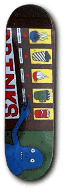Unknown Frazier Vending skateboard deck: Naive painted scene of a blue creature with big round eyes reaching toward a shop sign with red lettering, beside a row of five yellow panels showing odd objects including a tin can and a striped item.