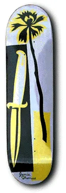 Unknown Jamie Thomas Knife skateboard deck: Pale lavender deck with a yellow and black stylised dagger on a black panel and a tall black flower on a long curved stem above a yellow block. Signature at the tail.