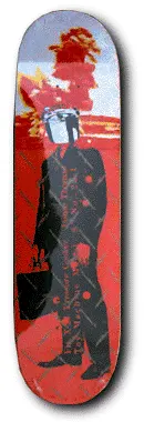 Unknown Jamie Thomas Pressure skateboard deck: Silhouette of a suited man carrying a briefcase, with a metal bucket for a head, overlaid with small printed text and red dots on a red diamond-plate textured background with a smudgy red figure above.