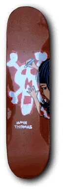 Unknown Jamie Thomas skateboard deck: A white cartoon skull and crossbones painted like graffiti on a brown deck, beside a girl's face with dark hair and a red polka-dot collar who is drawing the skull with a blue pen.