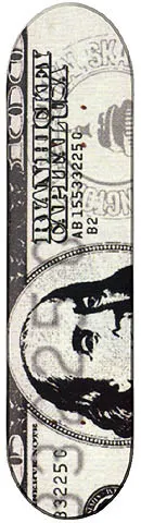 Capital Dollar Bill skateboard deck: A black and white dollar note fills the deck, with a portrait of a head in the lower half, serial numbers and a seal at the top. Small text across the note is partly rewritten.