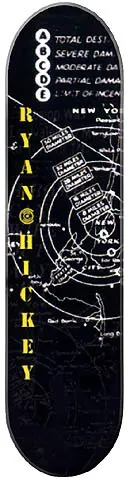 Capital New York skateboard deck: Black deck with a white line-drawn map of the New York area overlaid with concentric blast circles and labels, plus a damage-scale list at the top. The rider name runs down the board in yellow capitals.