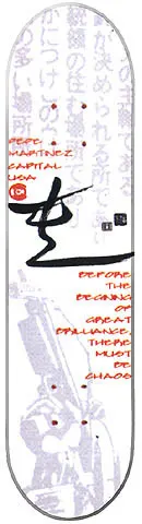 Capital Chaos skateboard deck: White deck with faint grey Japanese script and a ghosted photo of a hand holding a pistol, a bold black brush-calligraphy character in the middle and red text running down both sides.