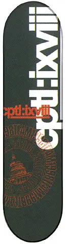 Capital Stamp skateboard deck: Dark grey-green deck with large white rotated lettering and smaller orange lettering, over an orange circular seal with the Capitol building. Typographic design.