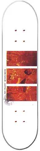 Capital Kevin Taylor skateboard deck: White deck with three stacked rectangular panels of orange-red, abstract textured imagery across the middle, with small printed text and a faint circular stamp at the lower left.