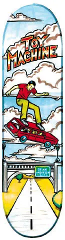 Toy Machine Car Ollie skateboard deck: A hand-drawn style illustration of a skater in a red top ollieing over a red station wagon that is flying above a road and bridge, under blue sky with clouds. Toy Machine logo at the top.