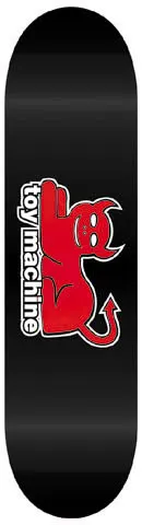 Toy Machine Devil Cat skateboard deck: A red devil cat with horns and a pointed tail lies beside the vertical white Toy Machine logotype on a plain black deck.