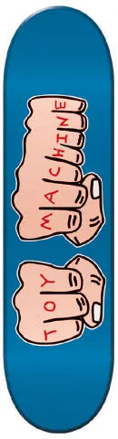 Toy Machine Fists skateboard deck: Two clenched fists with the letters TOY MACHINE written across the knuckles in red, on a plain blue deck.