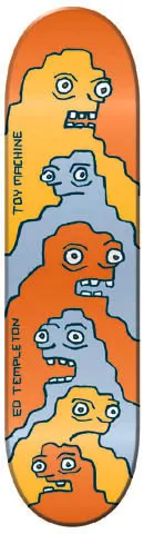 Toy Machine Ed Templeton Glob skateboard deck: Stack of six blobby cartoon heads with wide eyes and bared teeth, alternating orange, yellow and blue-grey, filling an orange deck, with the brand and rider name printed along the left edge.