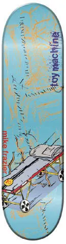 Toy Machine Mike Frazier Gurney skateboard deck: A loose sketch-style illustration of an empty stretcher on wheels with a grey blanket, drawn in yellow and blue on a pale blue background scribbled with orange lines. Rider and brand names run along the board.