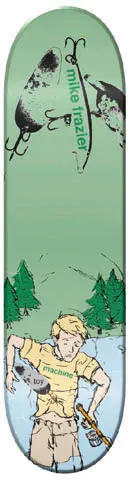 Toy Machine Mike Frazier Hook Line And Sinker skateboard deck: Illustration of a blond boy in a yellow Toy Machine shirt fishing in a lake with pine trees behind, while two large fishing lures with hooks hang from the top. The rider's name is printed vertically in green.