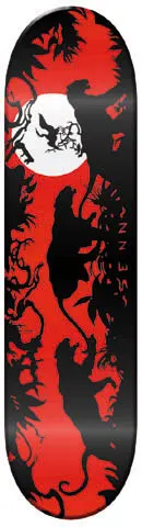 Toy Machine Chris Senn Jungle skateboard deck: Black silhouette jungle scene on red, with big cats prowling among vines and foliage and a white full moon at the top containing a small group of animals. Small text runs down the right edge.
