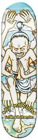 Toy Machine Brian Anderson Krishna skateboard deck: Illustrated multi-armed seated figure with a topknot, hands pressed together in prayer and other hands raised, against clouds and sky. Toy Machine and rider name are in yellow outlined lettering down the left.