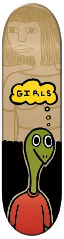 Toy Machine Thoughts skateboard deck: Cartoon green turtle-like creature in a red jumper has a yellow thought bubble reading GIRLS, while a faint outline of a woman's face and shoulders is drawn behind on a natural wood top half and black bottom.