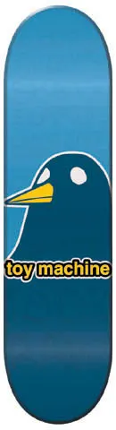 Toy Machine Bird skateboard deck: Blue deck with a large dark blue cartoon bird head in profile with a yellow beak and white eye, with the Toy Machine name in yellow on a black label across it. Faint ghosted text sits behind.