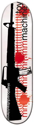 Toy Machine Machine Gun skateboard deck: A large black assault rifle silhouette runs across a white deck with red blood splatters and a repeated red letter m pattern. Toy Machine is printed vertically along the edge, with a small line of text at the tail.