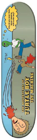 Toy Machine Tuffguy skateboard deck: A comic-strip scene in which a green Turtle Boy in jeans kicks a man, sending his bloody head flying while his body lies on the ground. A speech bubble and THUD! appear, with the title in gold serif capitals.