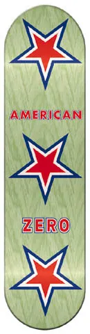 Zero American Zero skateboard deck: Three red stars with white and navy outlines stacked down a pale green wood-stained deck, with 'American' in red between the first two and 'Zero' in red between the lower two.