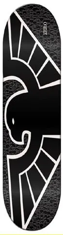 Zero Bird skateboard deck: A bold black bird with outstretched wings outlined in white, set on a dark grey ground covered in faint repeated small text. The Zero name appears vertically at the top right.