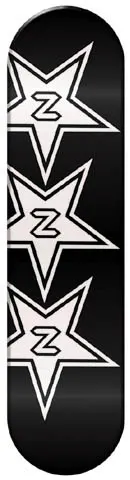 Zero Blackstar skateboard deck: Three white outlined stars stacked down a black deck, each with a Z logo at its centre.