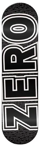 Zero Bold Logo skateboard deck: Black deck with the ZERO logo in huge white-outlined black block capitals running the full length, over a subtle textured black pattern.