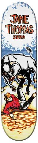 Zero Jamie Thomas Bullrider skateboard deck: Hand-drawn illustration of a black bull bucking and throwing a cowboy in a red shirt onto the dusty ground, under a rodeo-style name header. Blue and white sky above, yellow dust below.