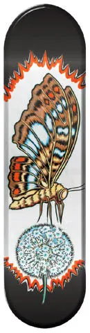 Zero Butterfly skateboard deck: Detailed illustration of a brown and blue-patterned butterfly perched above a white dandelion seed head, framed by orange flame-like spikes on a silver and black background.