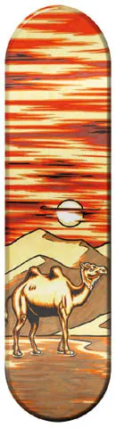 Zero Camel skateboard deck: Engraving-style scene of a camel standing in the desert in front of sand dunes and a pale sun, under a streaky red and orange sky. Appears printed in wood-veneer tones.