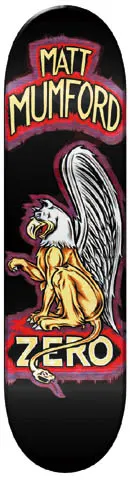 Zero Matt Mumford Griffin skateboard deck: Black deck with a seated griffin with silver wings, a gold lion's body and a snake-like tail, outlined in a red and purple glow. Rider name in a cream banner above and Zero lettering below.