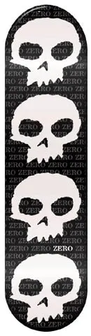 Zero Skulls skateboard deck: Four large white Zero skulls stacked down a black deck over a faint repeated 'ZERO' text pattern, with a small white 'ZERO' label by the third skull.