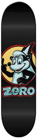 Zero Skunk skateboard deck: Cartoon skunk with a toothy grin, waving, in a yellow circle with a red outline and a white tail behind, above blue Zero lettering with a red outline, on black.