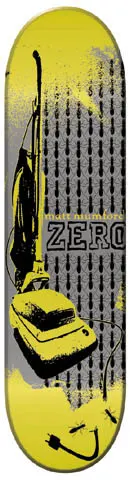 Zero Matt Mumford Vacuum skateboard deck: A black vacuum cleaner stencilled over a grey panel patterned with rows of ants, with more ants crawling near the plug at the bottom. The deck is yellow with a grungy, distressed look.