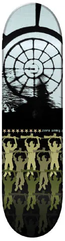 Zero Zero Army skateboard deck: A grainy black and white image of a large round windowed structure at the top, above a row of gold stars and repeating silhouettes of soldiers holding rifles in olive and khaki tones fading to black.