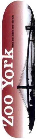Zoo York Zoo York Brooklyn Bridge skateboard deck: Red-to-white gradient with large white serif 'Zoo York' lettering set sideways, small credit type above it, and a black-and-white photo of a suspension bridge along the right edge.
