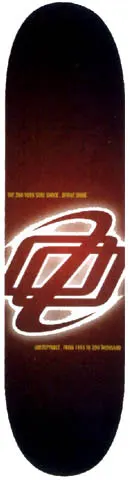 Zoo York Zoo York First String skateboard deck: A glowing white outline of the intertwined Zoo York logo on a dark maroon-to-black background, with two thin lines of small yellow text above and below it.