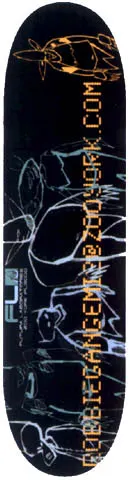 Zoo York Zoo York Robbie Gangemi Internet skateboard deck: Loose pale line drawings of hunched figures and faces on a black deck, with an orange sketch of a figure at the top, an 'FU' logo and a vertical web address in orange dotted lettering.