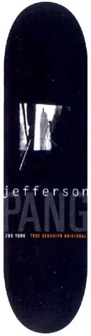 Zoo York Zoo York Jefferson Pang skateboard deck: Dark, moody black deck with a small black and white photograph of the Empire State Building seen through a window opening, above large grey and white lettering of the rider's name and a Zoo York tagline.