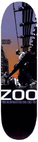 Zoo York Zoo York Building skateboard deck: Black and white photo of construction workers on a steel girder framework against a dusk sky fading from purple to orange, with large white ZOO lettering and a small YORK INCORPORATED BUILDING SINCE 1992 line on black below.